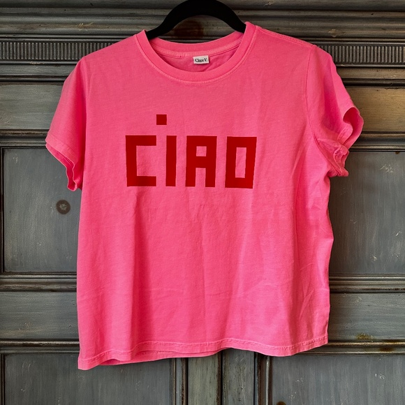 Clare V Classic CIAO Tee in Neon Pink/Poppy Block Size M - Picture 2 of 7